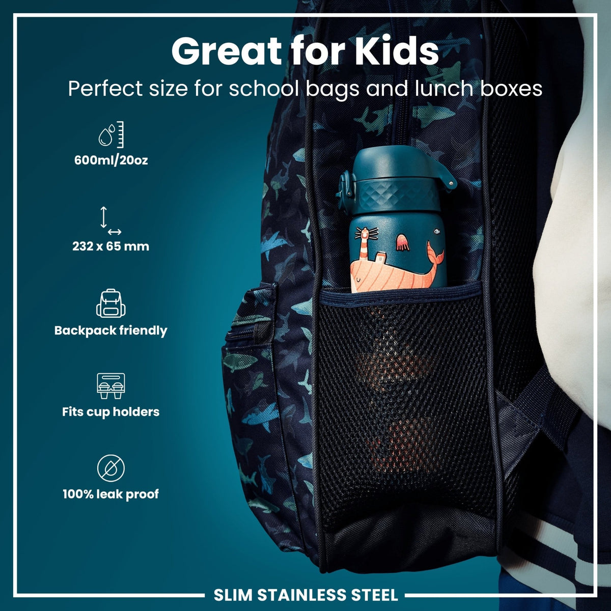 ION8 stainless steel water bottle with whale design, 600ml capacity, leak-proof, slim and durable for everyday hydration.