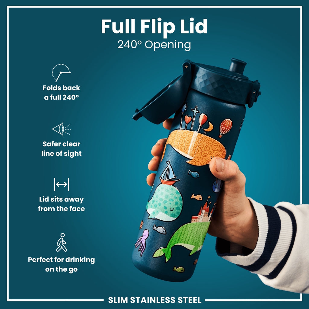 Ion8 stainless steel water bottle with whale design, 600ml capacity, leak-proof and slim, ideal for hydration on the go