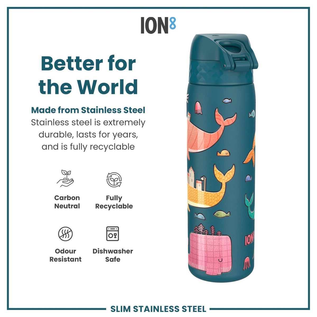 Ion8 stainless steel water bottle with whale design, 600ml capacity, leak-proof, slim, durable steel water bottle for everyday use