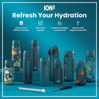 Ion8 stainless steel water bottle with whale design, 600ml capacity, leak-proof and slim for on-the-go hydration.