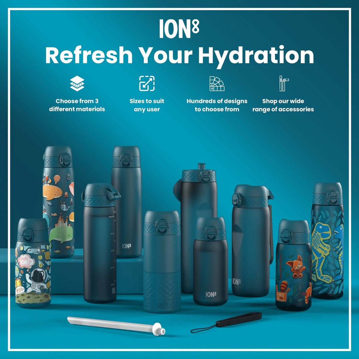 Ion8 stainless steel water bottle with whale design, 600ml capacity, leak-proof and slim for on-the-go hydration.