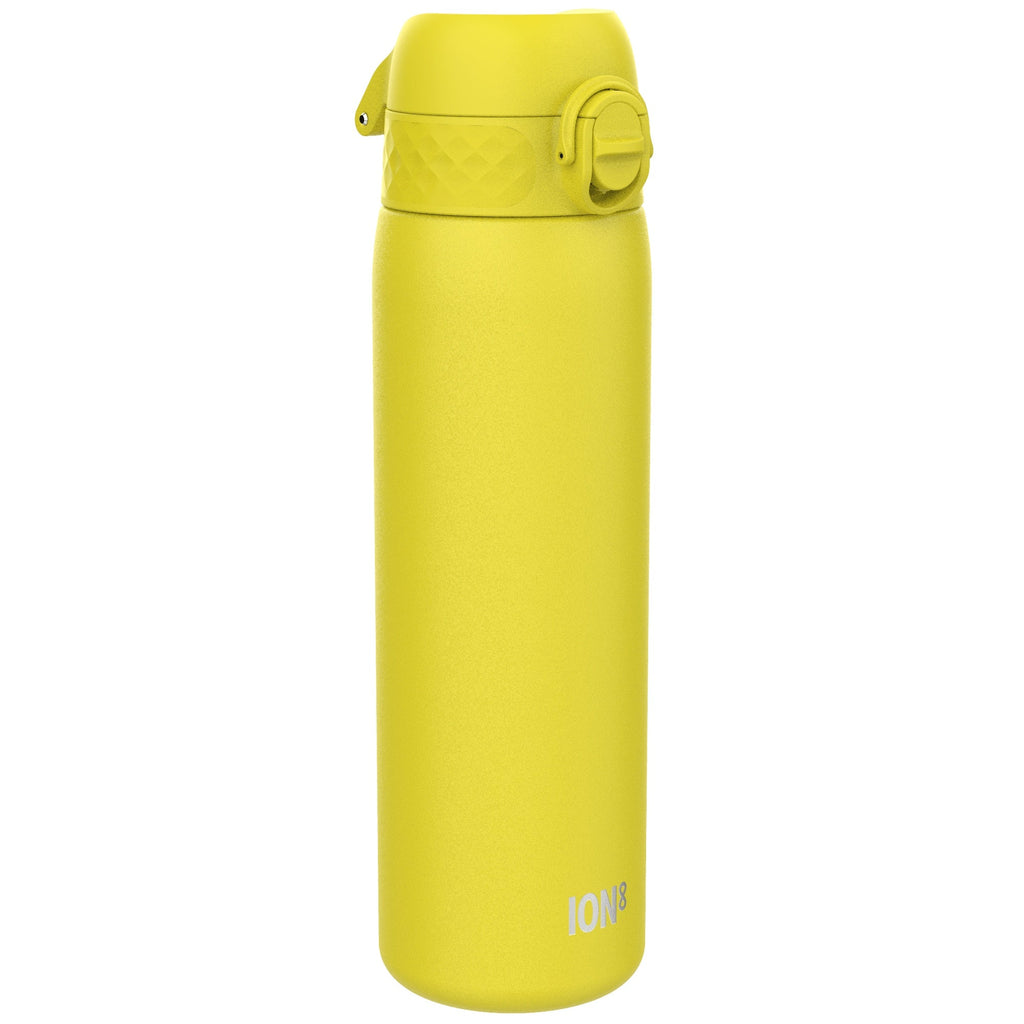 Yellow 600ml ION8 stainless steel water bottle, leak-proof and slim design, ideal for staying hydrated on the go.