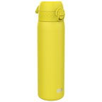 Yellow 600ml ION8 stainless steel water bottle, leak-proof and slim design, ideal for staying hydrated on the go.