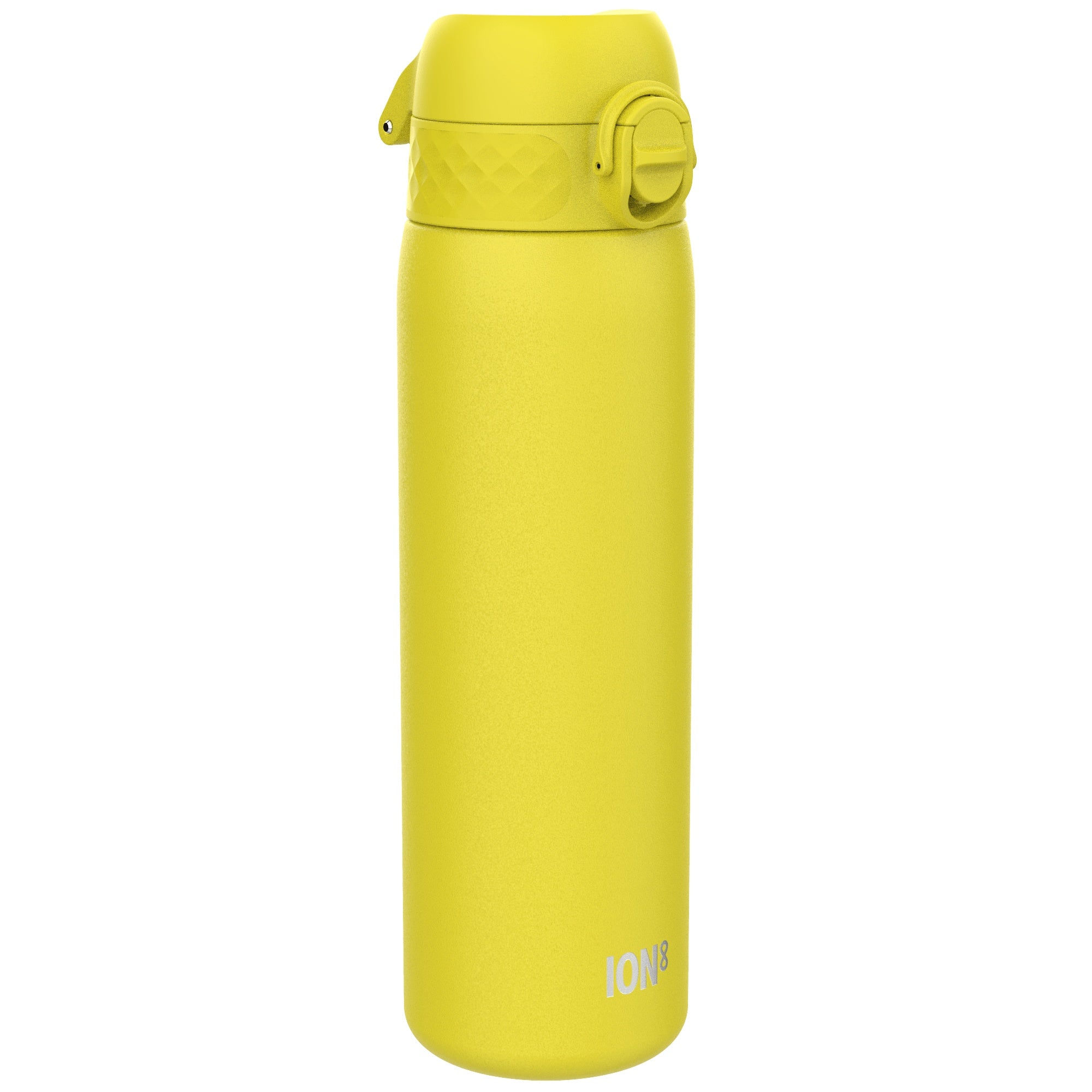 Yellow stainless steel leak-proof water bottle by ION8, 600ml (20oz), slim design, ideal for on-the-go hydration.