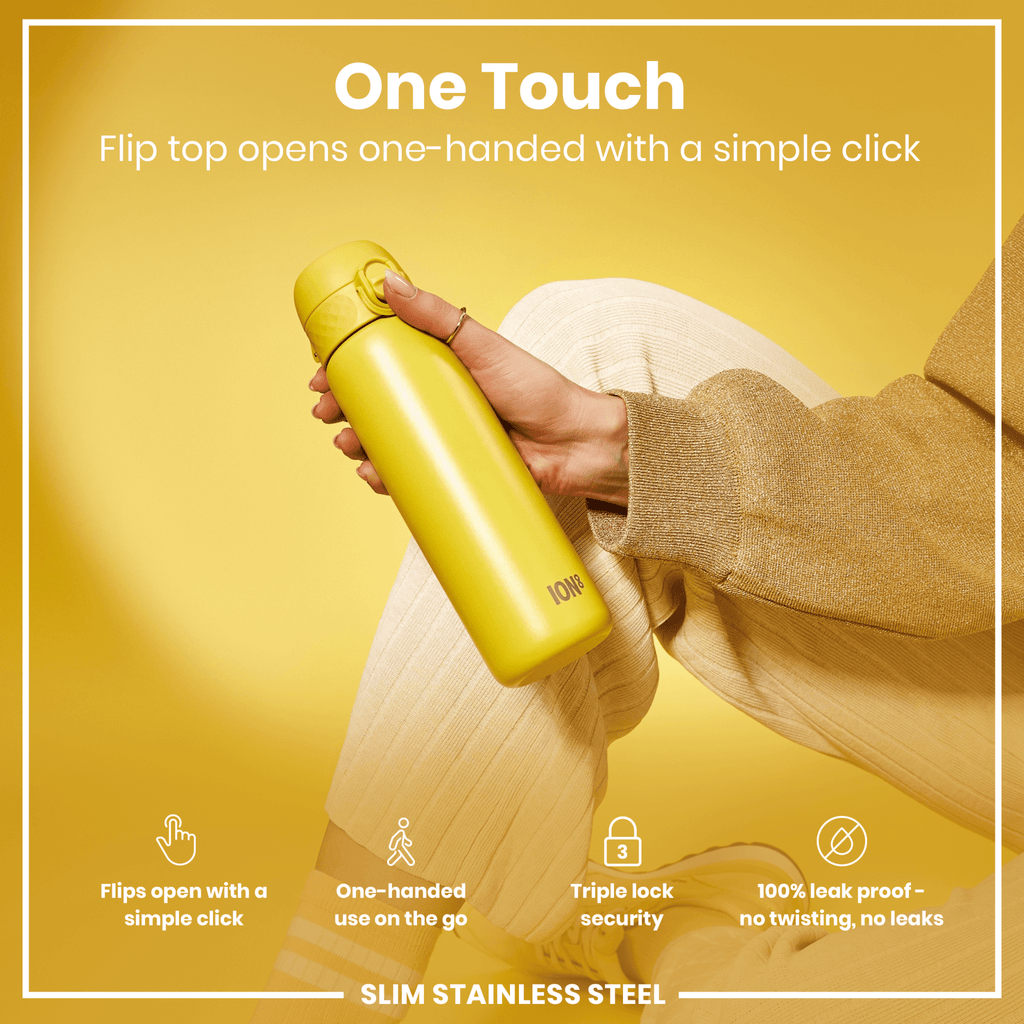 Yellow 600ml ION8 stainless steel water bottle, leak-proof slim design with durable steel construction.