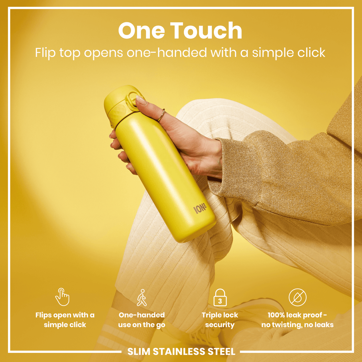 Yellow 600ml ION8 stainless steel water bottle, leak-proof slim design with durable steel construction.