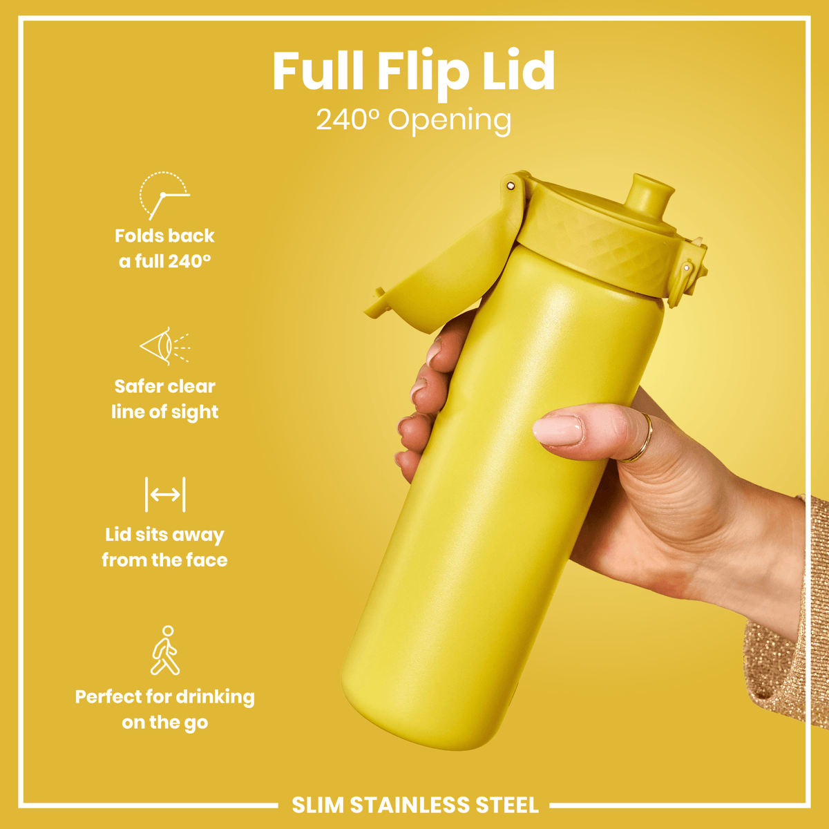 Yellow 600ml ION8 stainless steel water bottle, leak-proof, slim design perfect for staying hydrated on the go