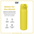 Yellow 600ml stainless steel water bottle by ION8, leak-proof and slim design, perfect for staying hydrated on the go.