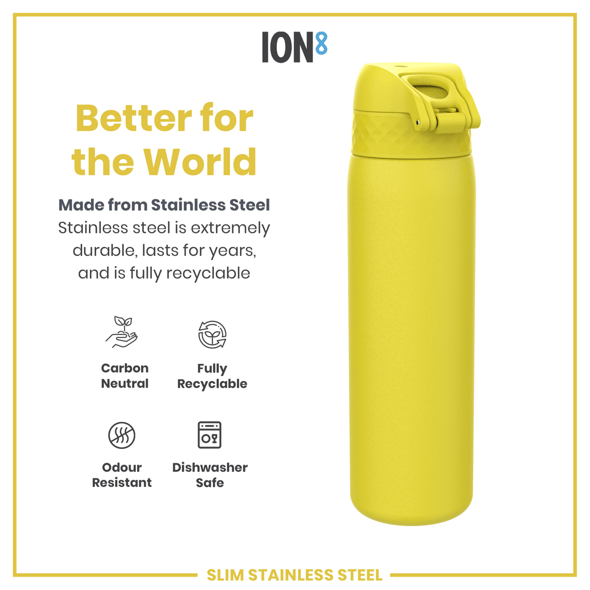 Yellow 600ml stainless steel water bottle by ION8, leak-proof and slim design, perfect for staying hydrated on the go.