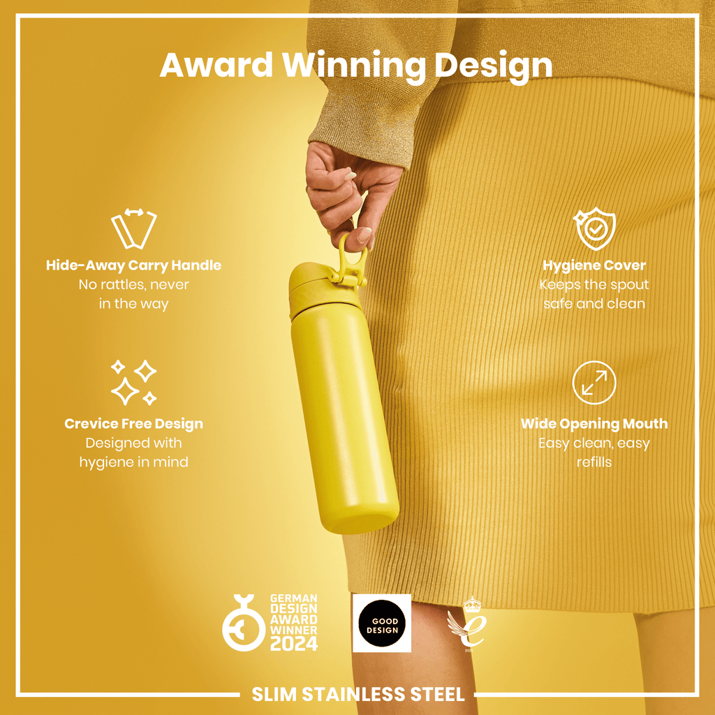Yellow 600ml stainless steel ION8 water bottle, leak-proof and slim design, ideal for hydration on the go.