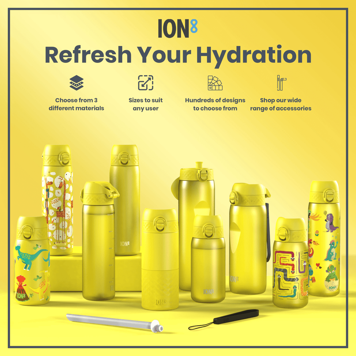 Yellow 600ml stainless steel water bottle by ION8, leak-proof and slim design for durable hydration.