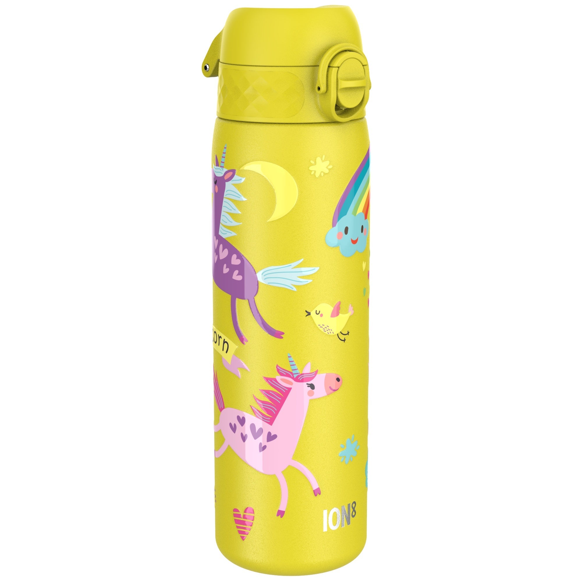 Ion8 stainless steel water bottle with yellow unicorn design, leak-proof, 600ml (20oz) slim water bottle for on-the-go hydration.