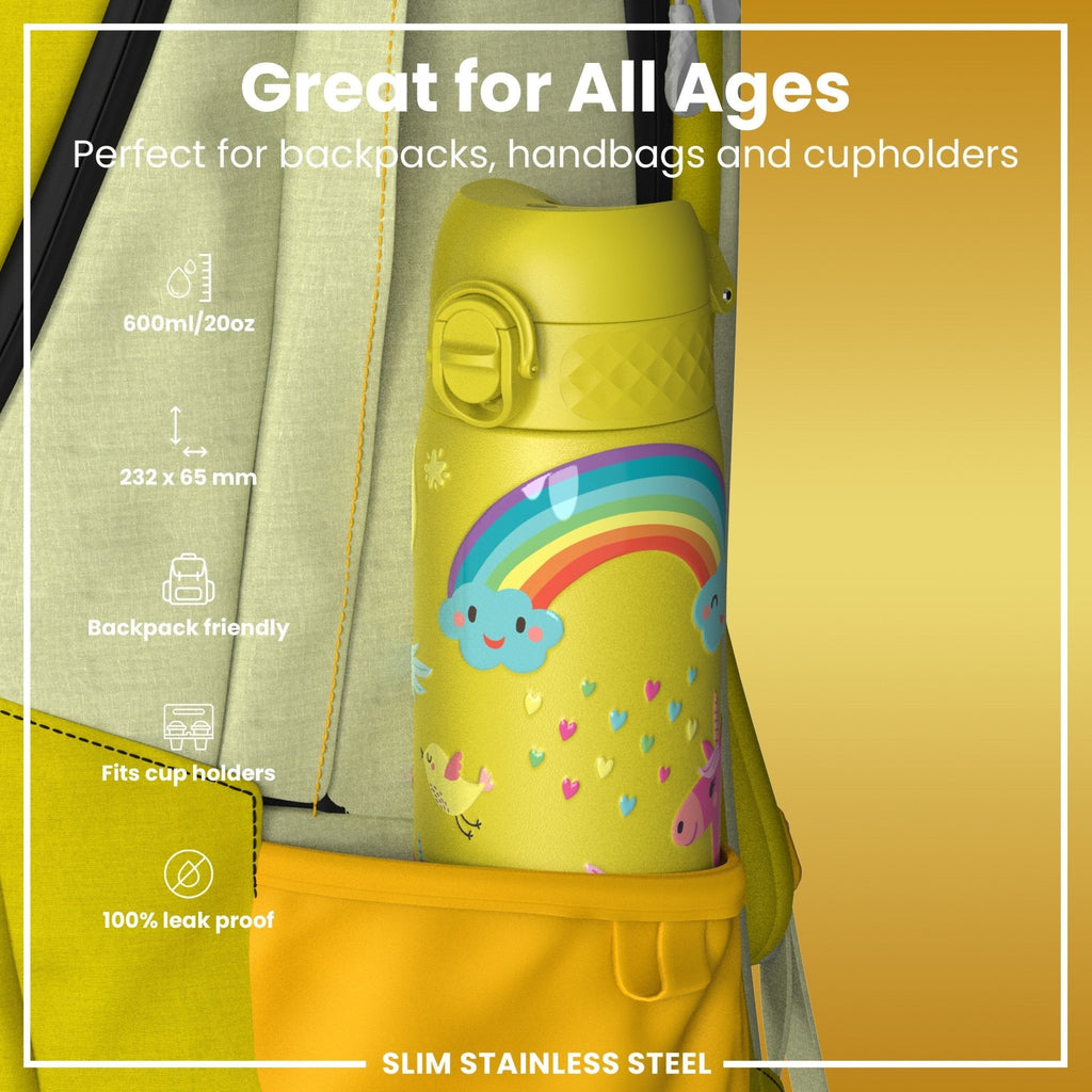 Ion8 stainless steel water bottle with yellow unicorns design, 600ml capacity, leak-proof, slim and durable for everyday use.