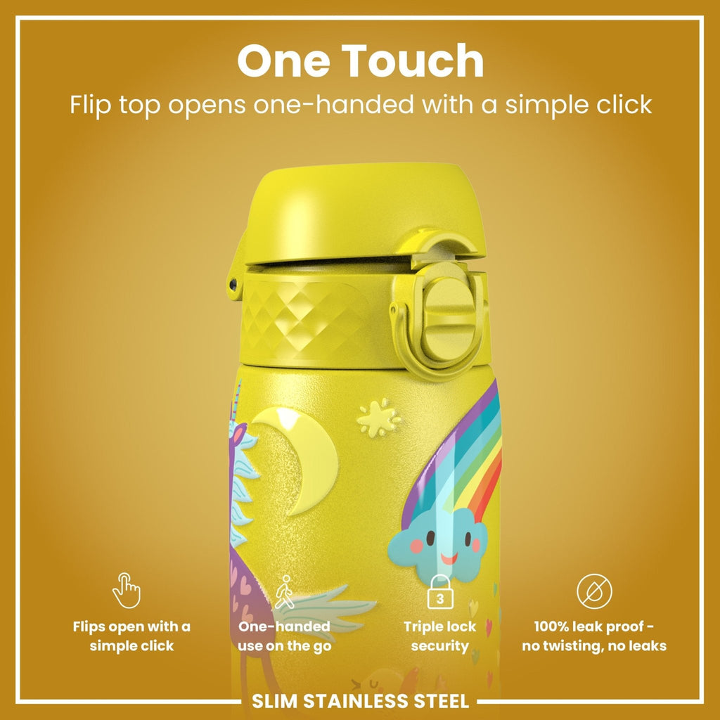 Ion8 stainless steel water bottle with yellow unicorn design, 600ml capacity, leak-proof, slim and durable for on-the-go hydration.