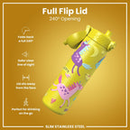 ION8 stainless steel water bottle with yellow unicorns design, 600ml capacity, leak-proof, slim, durable steel water bottle.