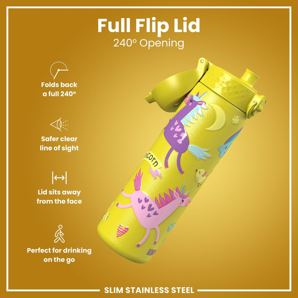 ION8 stainless steel water bottle with yellow unicorns design, 600ml capacity, leak-proof, slim, durable steel water bottle.