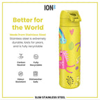 Ion8 stainless steel water bottle with yellow unicorns design, 600ml capacity, leak-proof, slim, durable steel drink container.