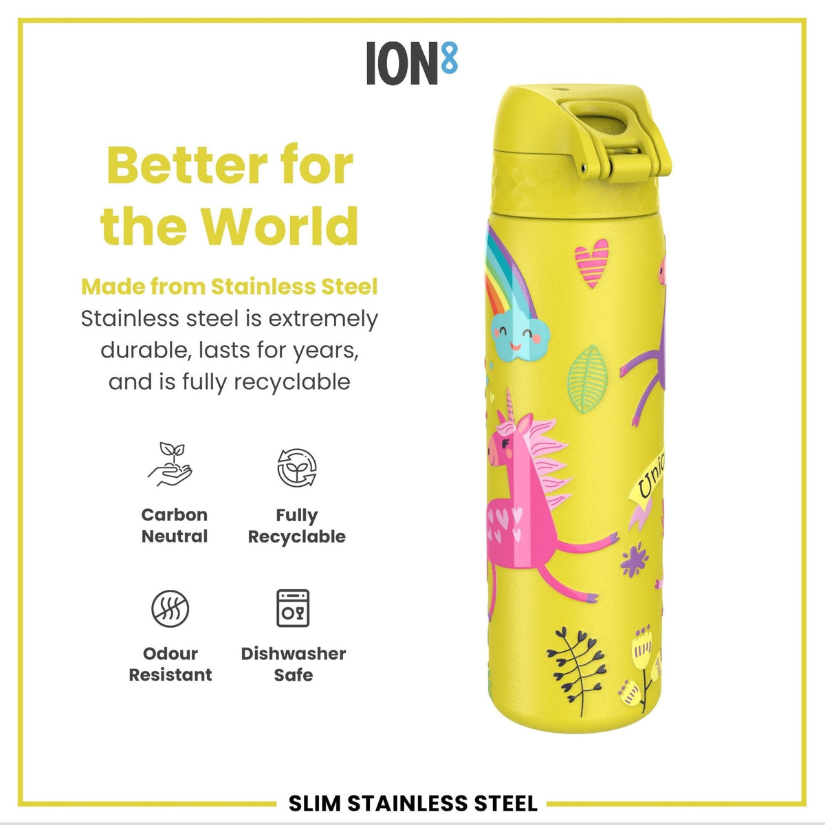 Ion8 stainless steel water bottle with yellow unicorns design, 600ml capacity, leak-proof, slim, durable steel drink container.