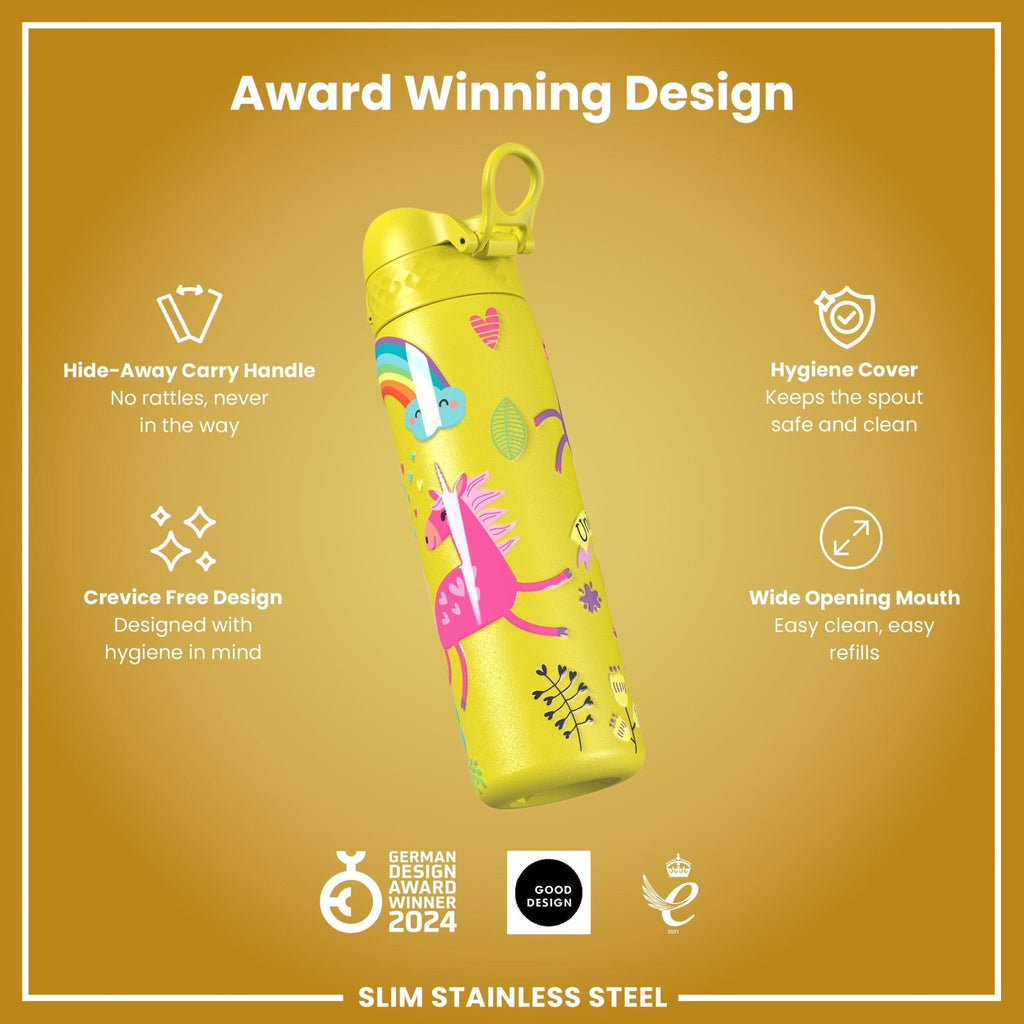 Ion8 stainless steel water bottle in yellow with unicorn design, 600ml capacity, leak-proof and slim for on-the-go hydration.