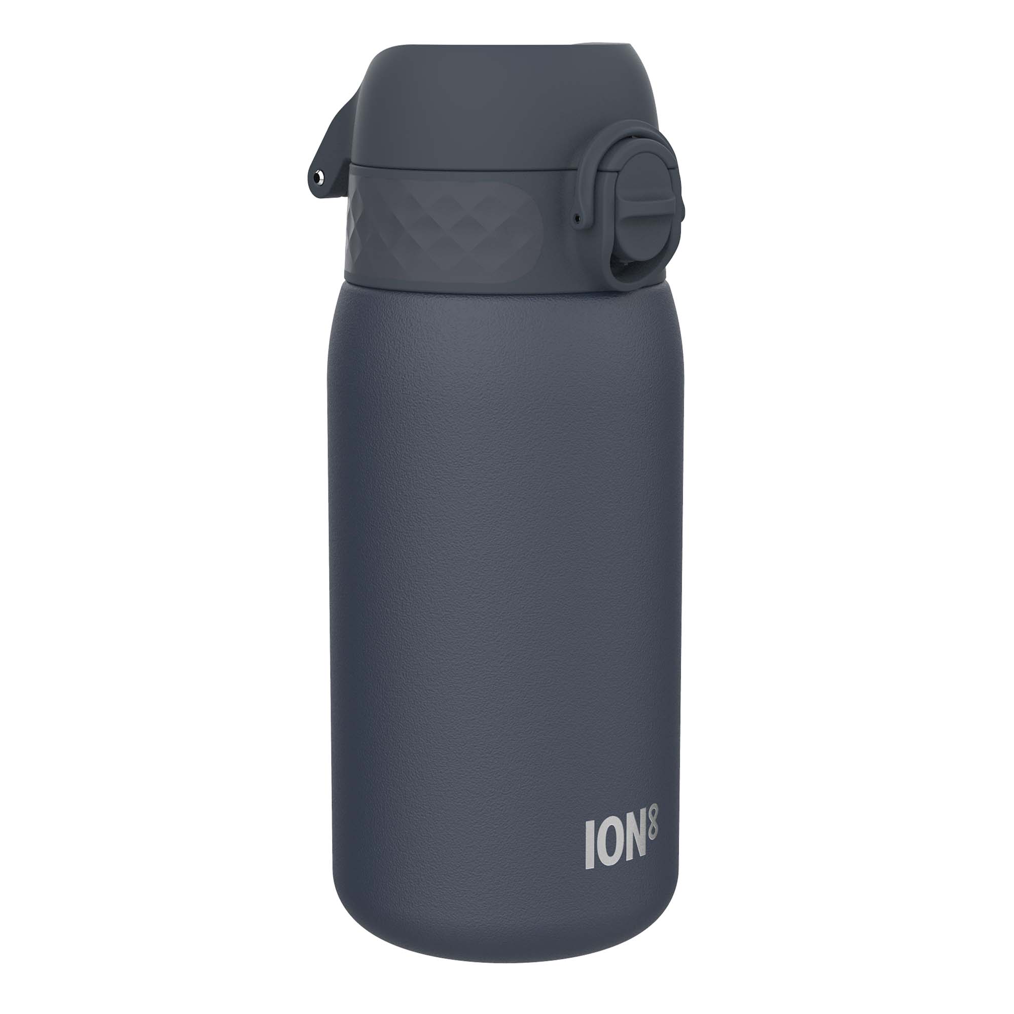 ION8 leak-proof stainless steel water bottle in ash navy, 400ml (13oz), showing sleek design and secure cap for on-the-go hydration.