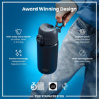 ION8 stainless steel water bottle in ash navy, 400ml leak-proof design, durable and stylish for on-the-go hydration.