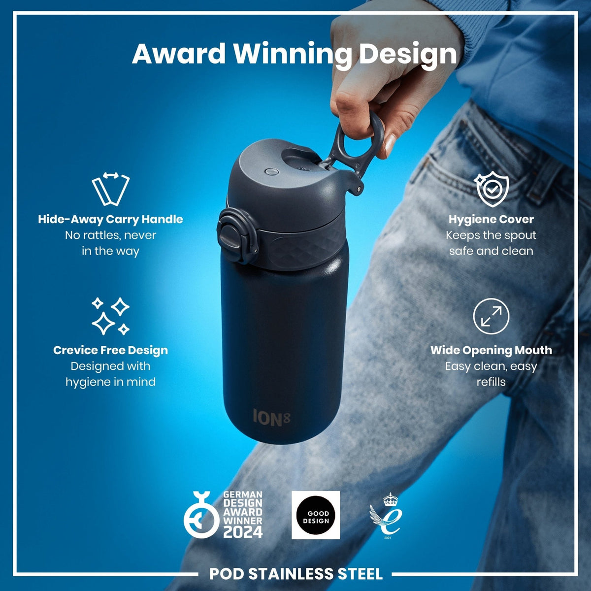 ION8 stainless steel water bottle in ash navy, 400ml leak-proof design, durable and stylish for on-the-go hydration.