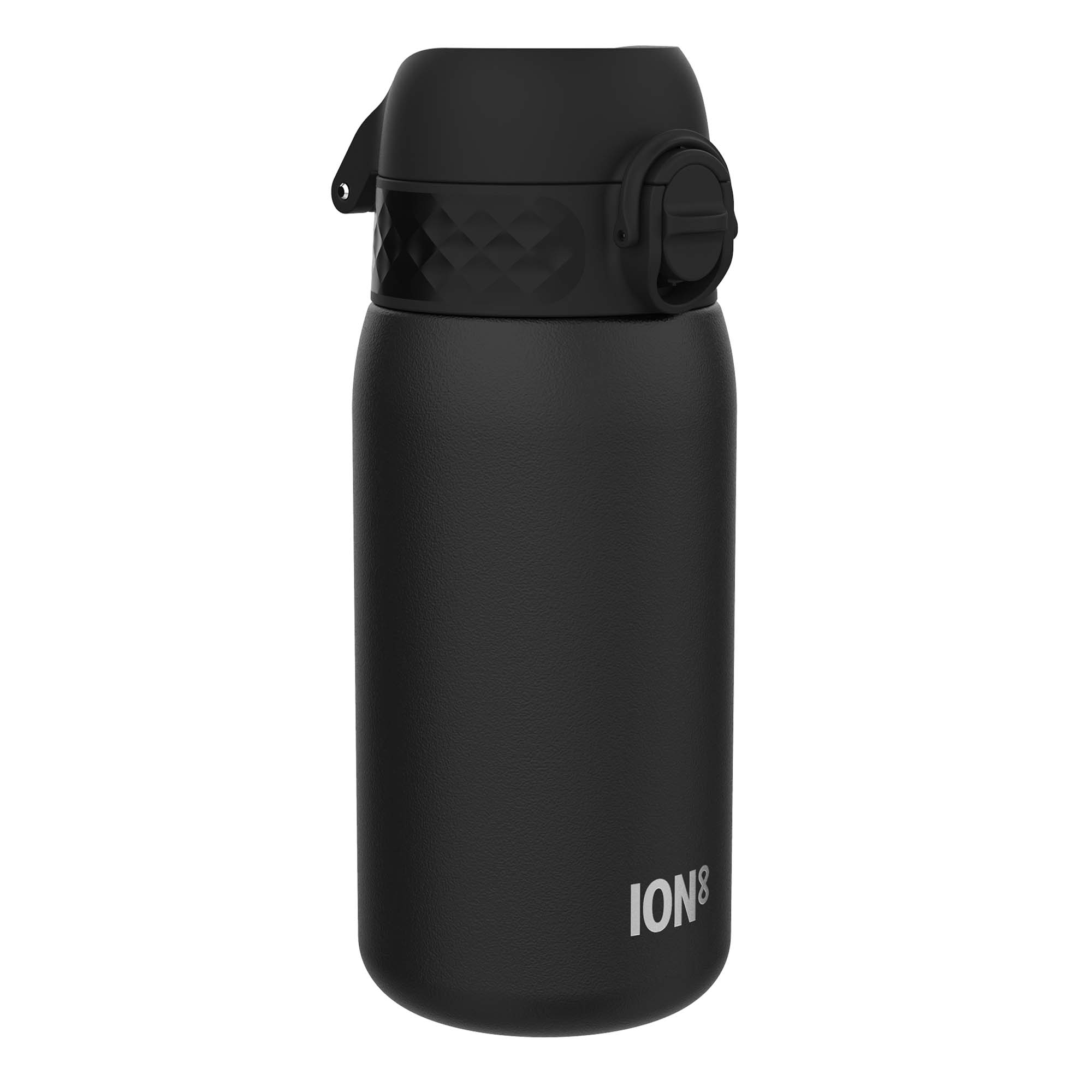 ION8 stainless steel leak-proof water bottle in black, 400ml (13oz), with a sleek design and secure lid for everyday hydration.