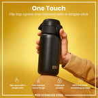 Black stainless steel water bottle by ION8, 400ml capacity, leak-proof design, durable and sleek for daily hydration.