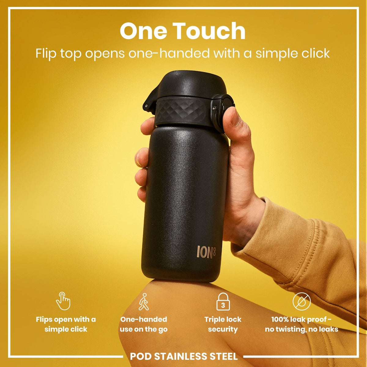 Black stainless steel water bottle by ION8, 400ml capacity, leak-proof design, durable and sleek for daily hydration.
