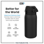 ION8 stainless steel water bottle in black, 400ml capacity, leak-proof design, durable and perfect for staying hydrated on the go.