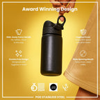 Ion8 stainless steel water bottle in black, 400ml capacity, leak-proof design, durable and sleek for on-the-go hydration.