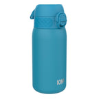 Blue stainless steel water bottle by ION8, 400ml leak-proof steel water bottle with a sleek design and durable construction.