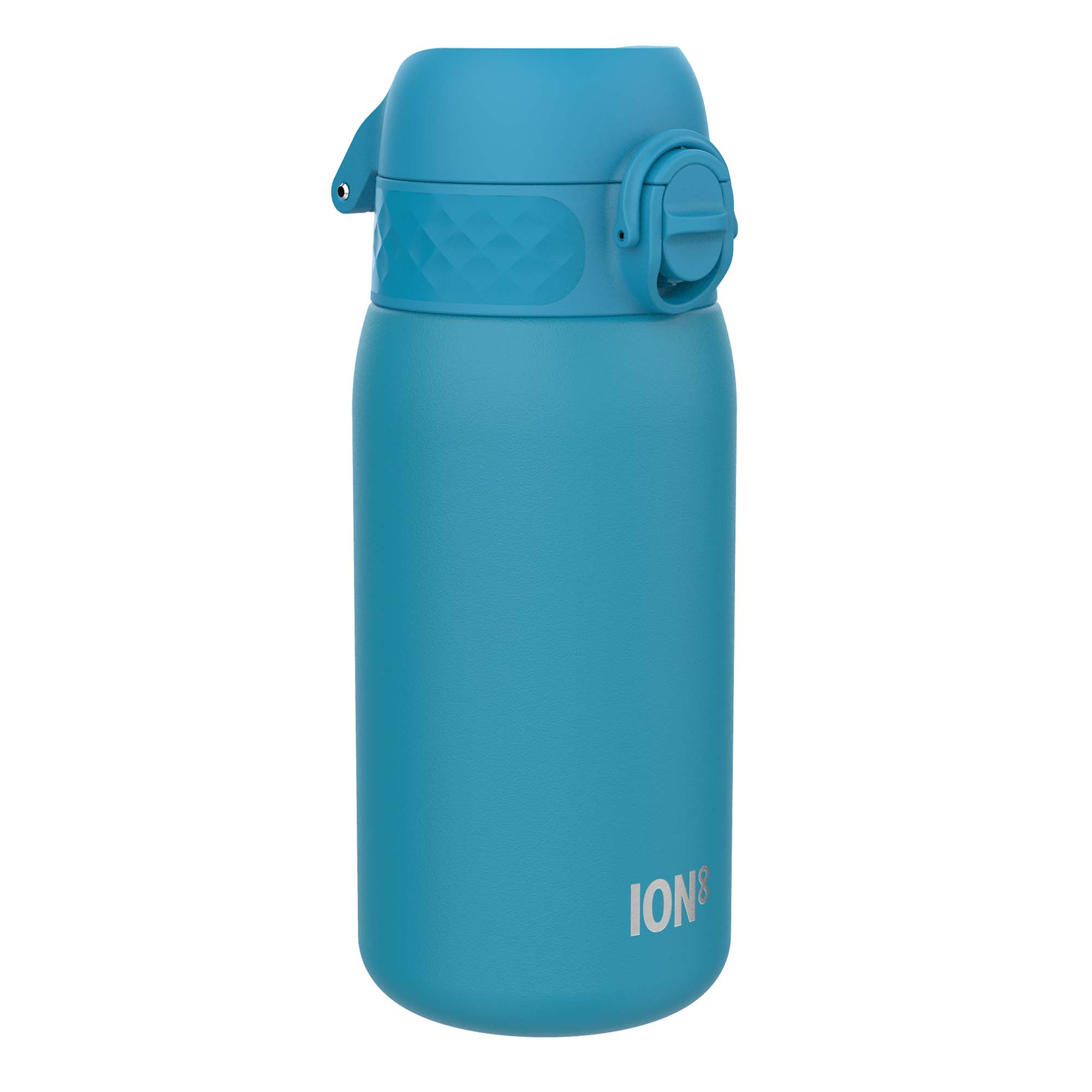 Blue stainless steel leak-proof water bottle by ION8, 400ml (13oz), durable and designed for secure hydration on the go.