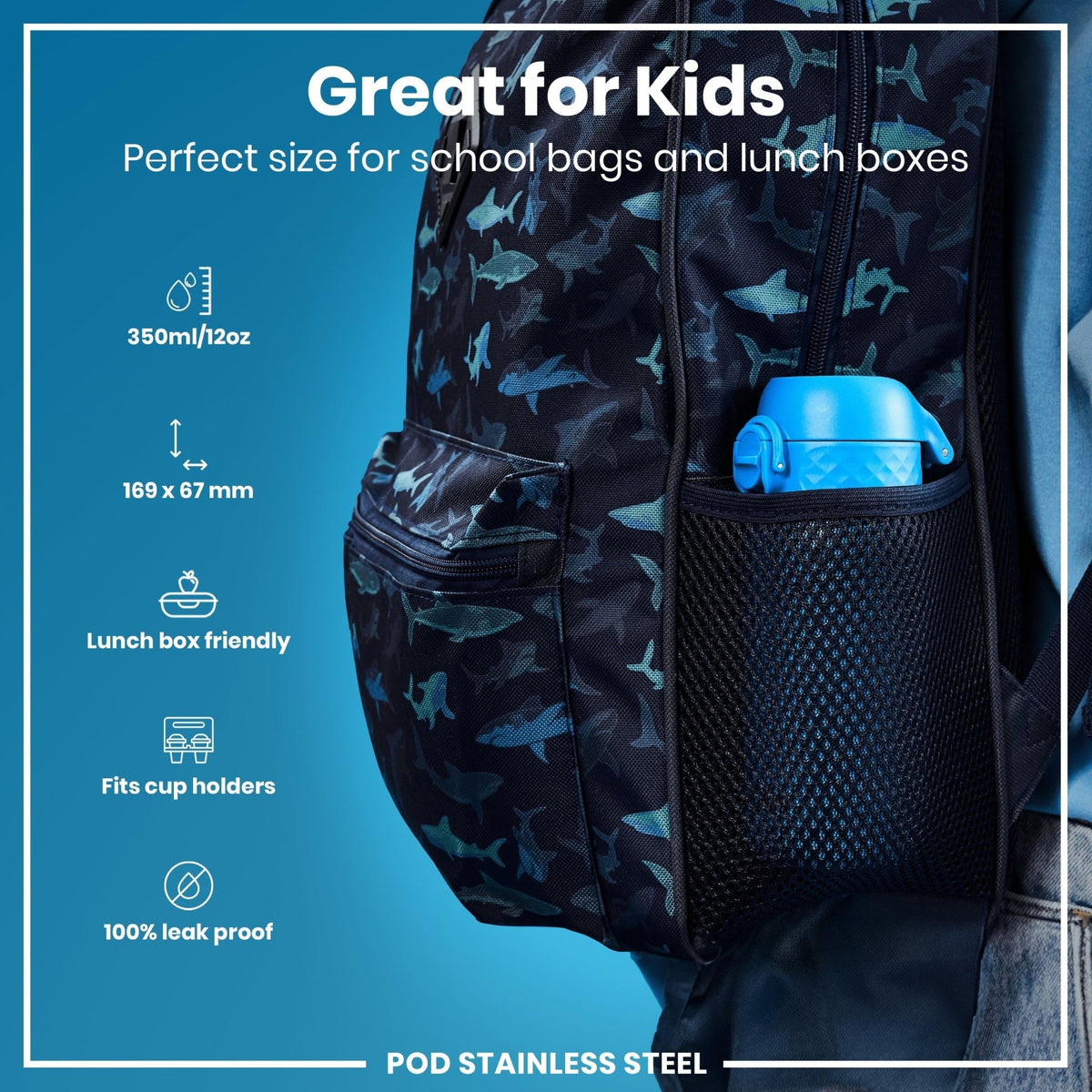 Blue stainless steel water bottle by ION8, 400ml capacity, leak-proof design, durable steel construction for on-the-go hydration.