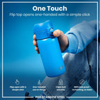 Blue stainless steel water bottle by ION8, 400ml leak-proof design, durable and ideal for on-the-go hydration.