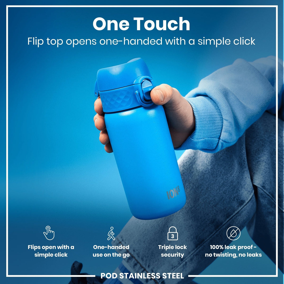 Blue stainless steel water bottle by ION8, 400ml leak-proof design, durable and ideal for on-the-go hydration.