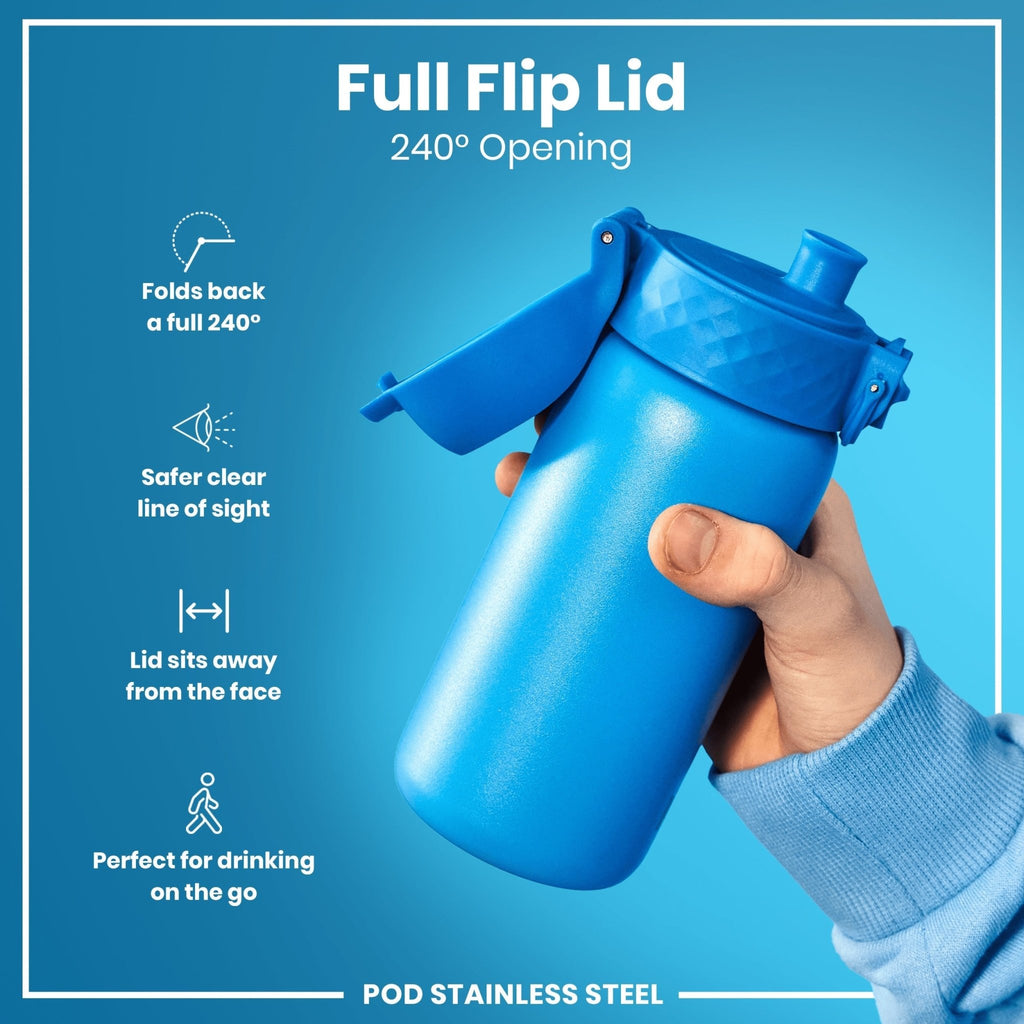 Blue stainless steel water bottle by ION8, 400ml leak-proof design with a durable, sleek finish.