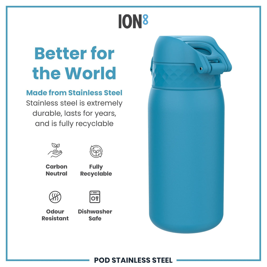 Blue 400ml stainless steel water bottle by ION8, leak-proof design, durable stainless steel construction, ideal for hydration on the go.
