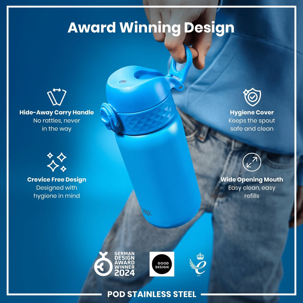 Ion8 stainless steel water bottle in blue, 400ml capacity, leak-proof design, durable and ideal for on-the-go hydration.