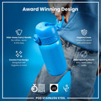 Ion8 stainless steel water bottle in blue, 400ml capacity, leak-proof design, durable and ideal for on-the-go hydration.