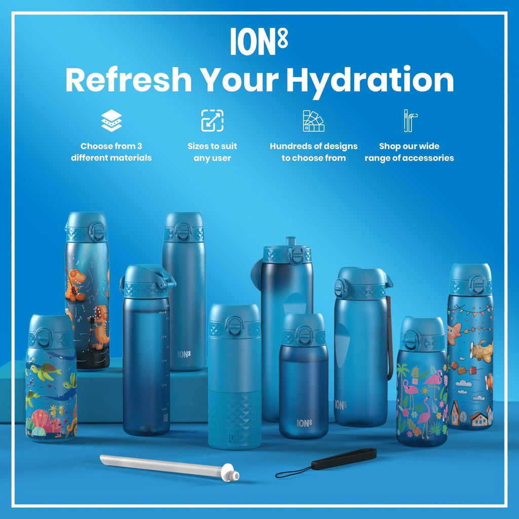Blue 400ml stainless steel water bottle by ION8, leak-proof design with a durable, sleek finish for everyday hydration.