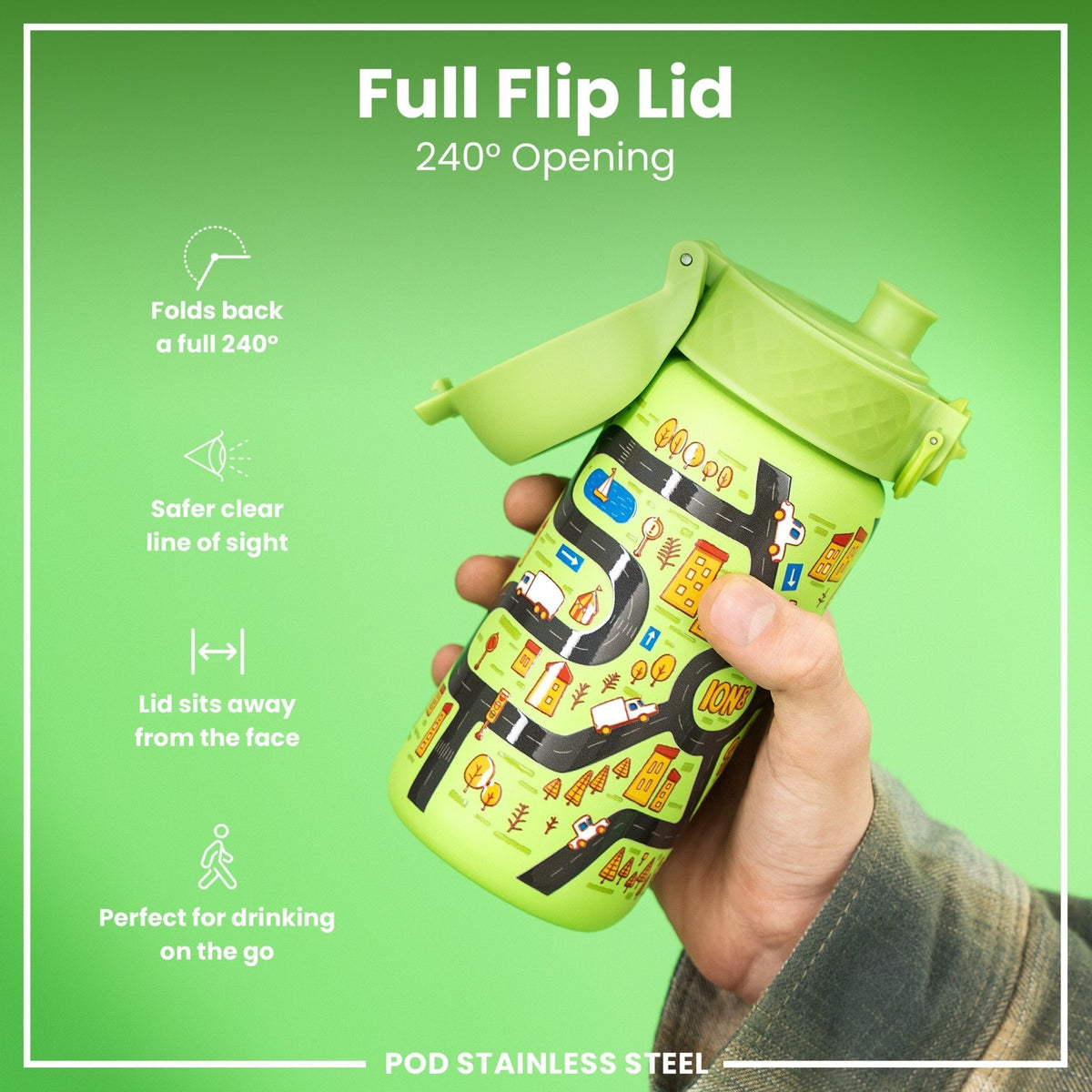 ION8 stainless steel water bottle with cars design, 400ml capacity, leak-proof, durable, ideal for on-the-go hydration.