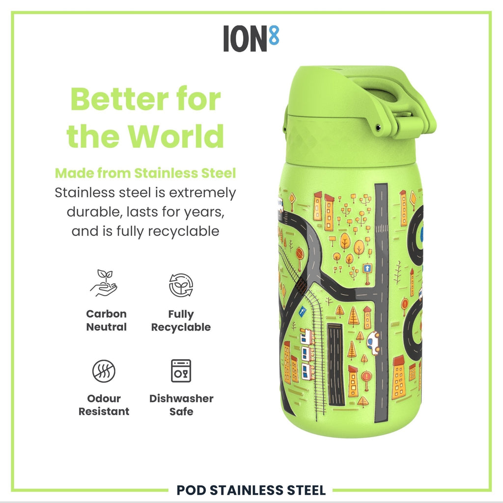 ION8 stainless steel water bottle with car design, 400ml leak-proof, durable, and insulated for hot and cold beverages.