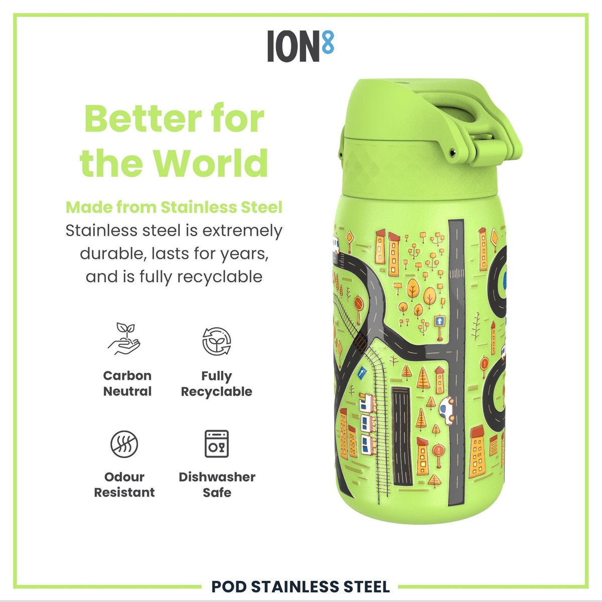 ION8 stainless steel water bottle with car design, 400ml leak-proof, durable, and insulated for hot and cold beverages.
