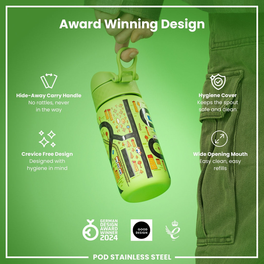 ION8 stainless steel water bottle with car design, 400ml capacity, leak-proof, durable steel construction for on-the-go hydration.