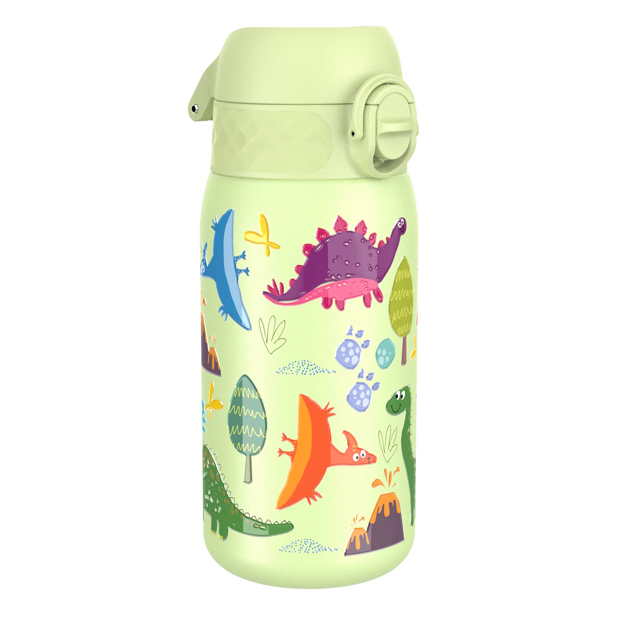 ION8 stainless steel water bottle with dinosaur design, leak-proof 400ml (13oz) water bottle for kids, durable and portable.
