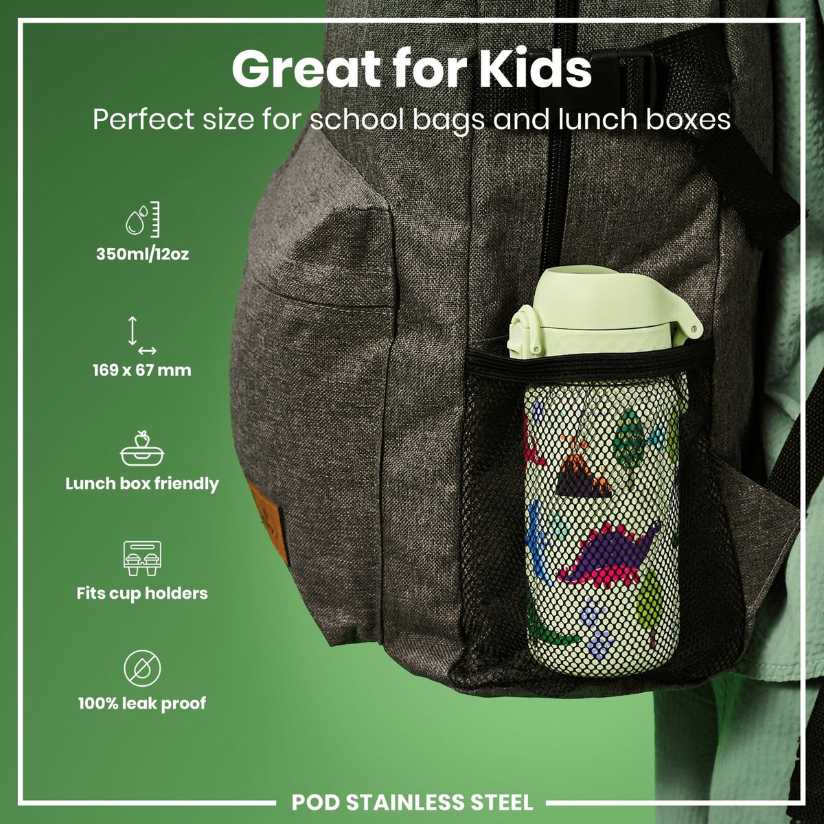 Ion8 stainless steel water bottle with dinosaur design, 400ml capacity, leak-proof, durable metal hydration bottle
