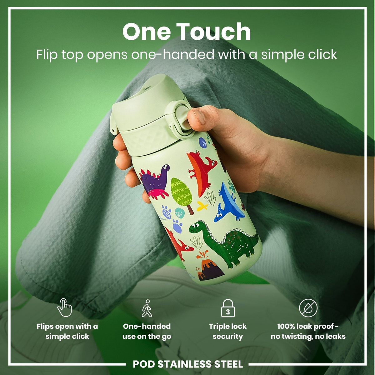 ION8 stainless steel water bottle with dinosaur design, 400ml capacity, leak-proof, durable steel water bottle for kids