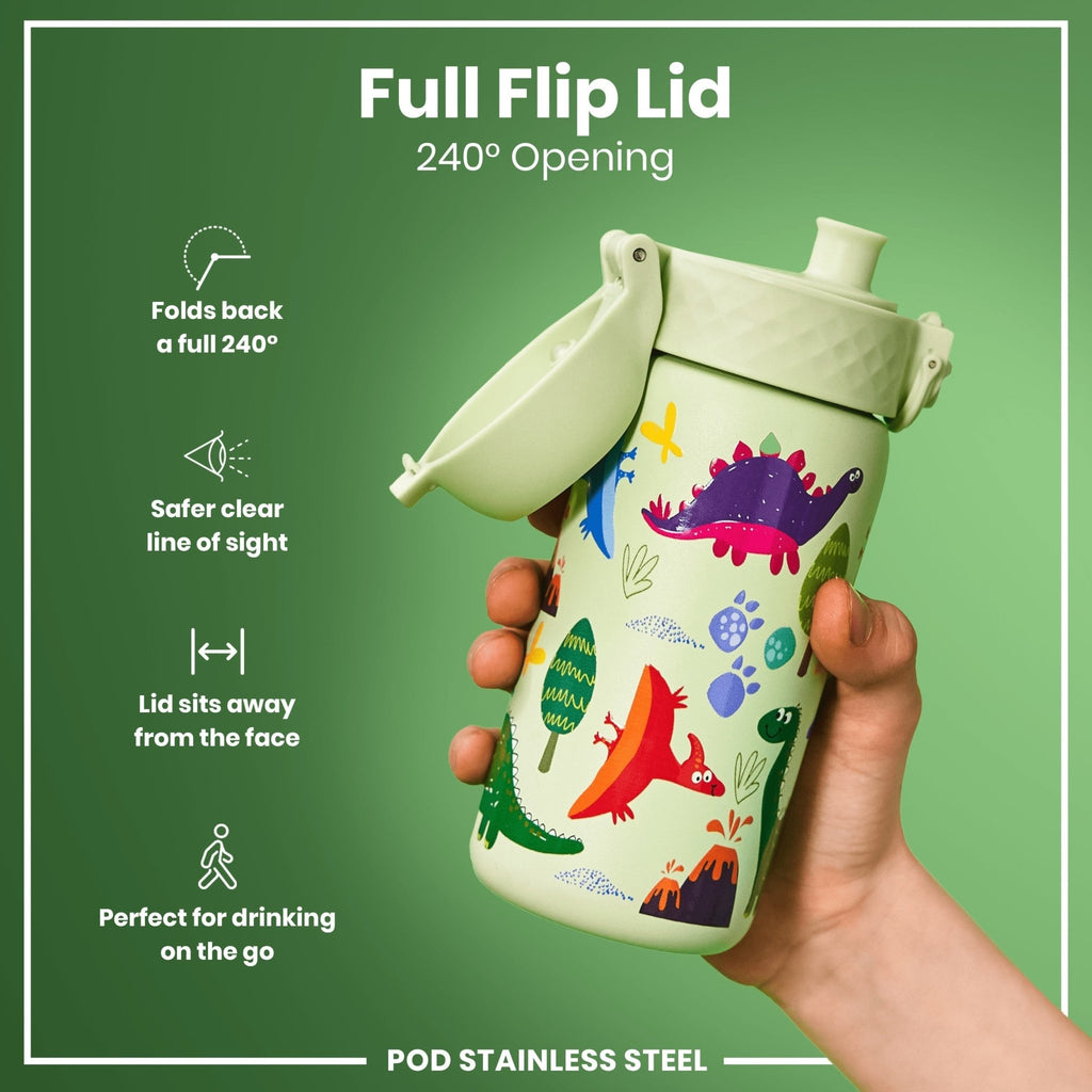 Ion8 stainless steel water bottle with dinosaur design, 400ml leak-proof steel water bottle for kids or adults