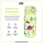 Ion8 stainless steel water bottle with dinosaur design, 400ml leak-proof, durable steel water bottle for kids.
